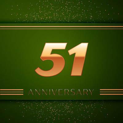 现实51周年纪念庆祝标志类型。绿色背景上的金色数字和金色五彩纸屑。彩色矢量模板元素为您的生日派对