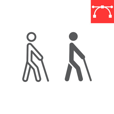 盲人用手杖线和字形图标，残疾和失明，盲人符号矢量图形，可编辑笔画线性图标，eps 10。