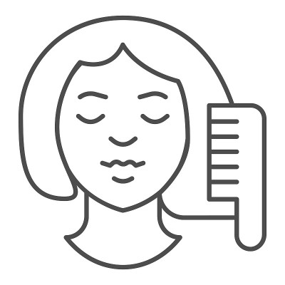 发刷和女孩的脸细线图标，化妆常规概念，妇女梳头与梳标志在白色的背景，女孩做头发护理图标在轮廓风格。矢