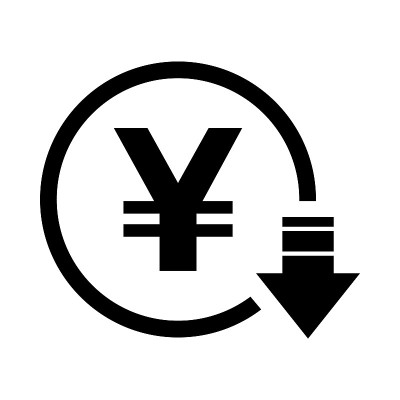 日元减少符号，成本减少图标。减债业务标志矢量插图