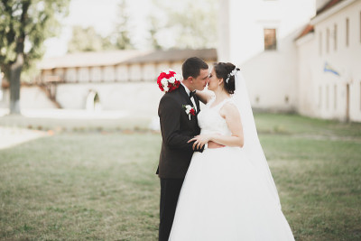 一对美丽浪漫的新婚夫妇在古老的城堡附近拥抱