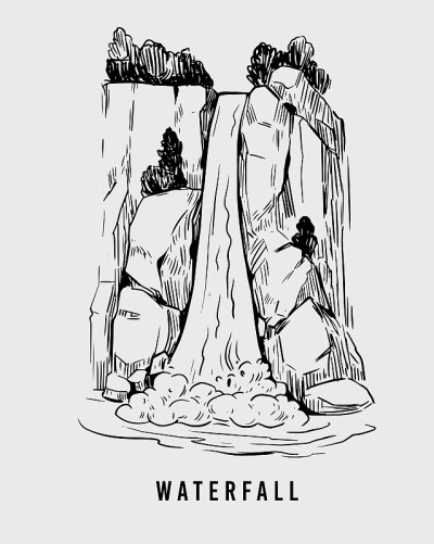 瀑布草图。手绘矢量插图