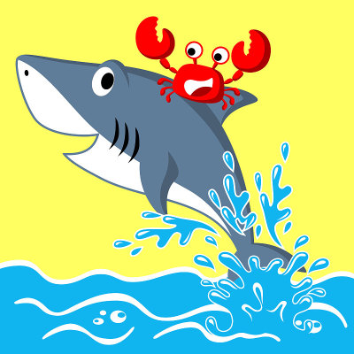 funny cartoon of shark with crab jumping