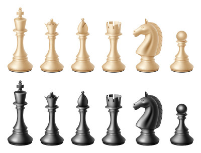 现实的棋子设置。3d王，后主教和当兵马车。黑白象棋图形