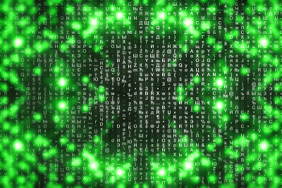 绿色矩阵数字背景。抽象的网络空间的概念。人物倒了。来自符号流的矩阵。虚拟现实设计。复杂的算法数据黑客