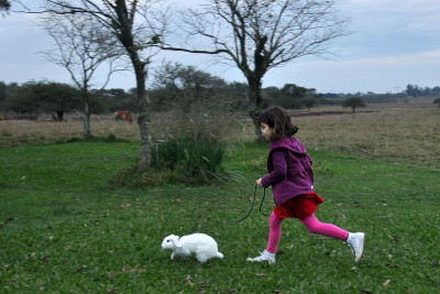 Girl running a rabbit