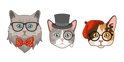 带配件的猫头。可爱有趣的不同品种的猫化身，鼻子，眼镜和帽子，领结。嬉皮士动物肖像，聪明的人物，时尚印