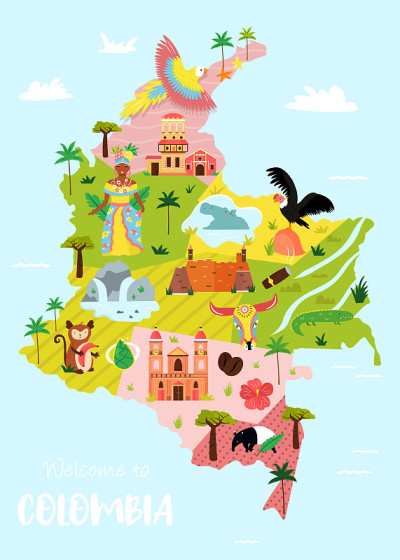 明亮的图解哥伦比亚地图。旅游旗帜