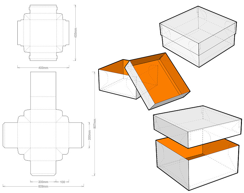 上下盒(内部尺寸20x20x10cm)和模切图案。eps文件具有完整的规模和功能。为真正的纸板制作准