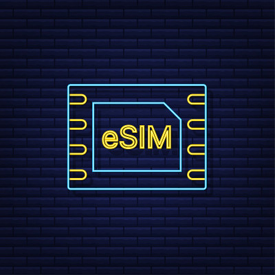 eSIM嵌入式SIM卡图标符号概念。新芯片移动蜂窝通信技术。霓虹灯图标。矢量插图。
