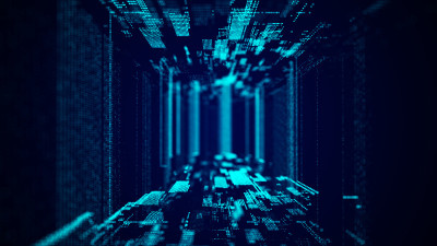 抽象的线框图隧道。蓝色的虫洞。3 d网格门户。未来的幻想漏斗。3 d渲染。