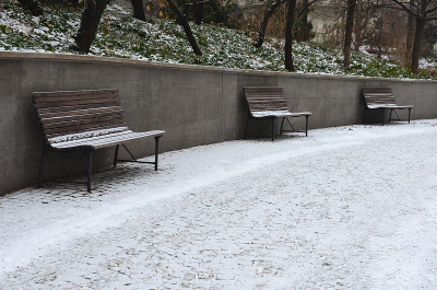 公园内支撑的混凝土灰墙附近的雪地长椅。铺地和金属低围栏可以保护装饰性花坛不受狗尿的影响。