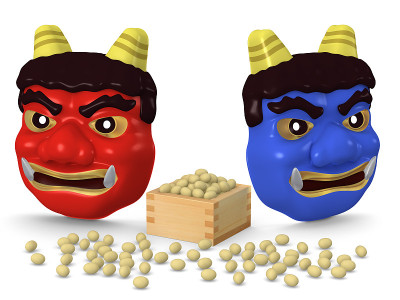 日本传统节日setsubun的邪鬼面具和豆子，3D插图，