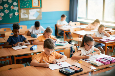 多民族学校的孩子们在课堂上上课学习。