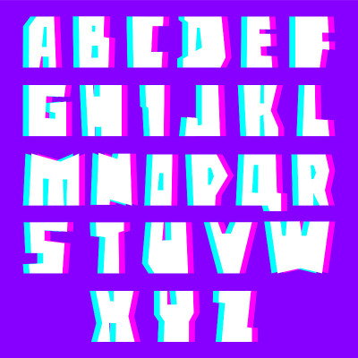 故障字母表。具有立体声效果的字母和数字。