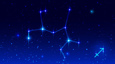 蓝夜星空下的人马座。星座图标