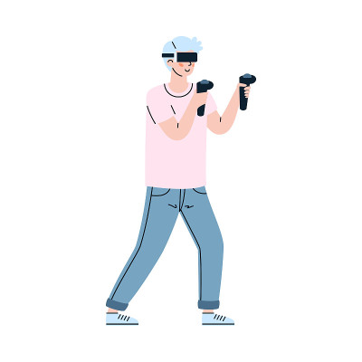 人在VR眼镜持有游戏控制器卡通矢量插图孤立。