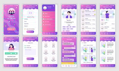 Set of UI, UX, GUI screens Social Network app flat