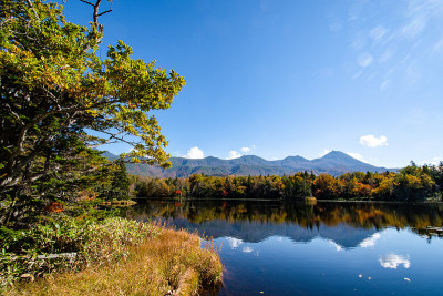 知子五湖(知子五湖)[第三湖]和知子山的秋叶，知子，北海道，日本