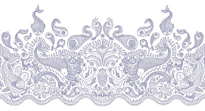 向量无缝模式。幻想美人鱼，章鱼，鱼，海洋动物蓝色轮廓细线画与装饰品在白色的背景。涂色书页为成人和儿童