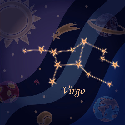 涂鸦星座的处女座符号的星座矢量插图的占星术和天文学。占星在宇宙背景明亮的恒星