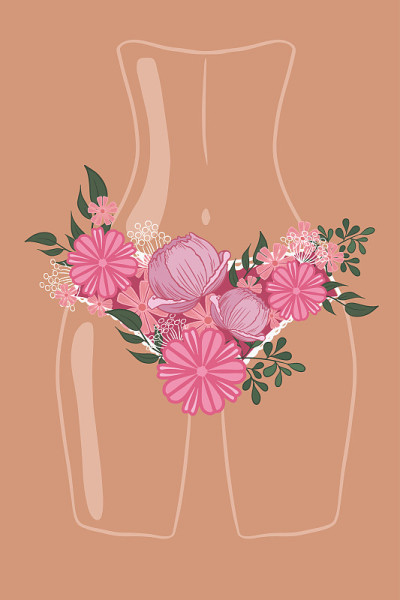穿花内裤的女性身体的一部分。