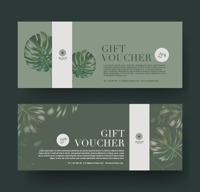 礼品券模板促销折扣，最小的绿色和树叶水疗豪华酒店度假，化妆品纹理Monstera树叶背景，矢量插图