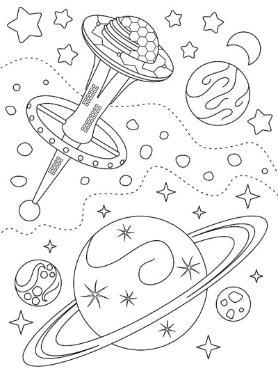 涂色页上有外层空间，空间站，不同的行星和恒星