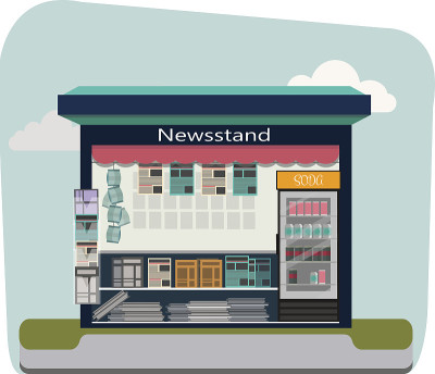 卖报纸和杂志的报摊。按亭。矢量插图。