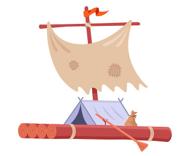 自制木筏，带帐篷和帆