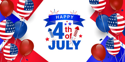 美国，美国，7月4日快乐时尚设计与烟花爆炸和丝带的促销广告横幅模板，宣传册，海报与气球。矢量图