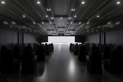 空的会议大厅中心有舞台。背景为展台、展台元素。会议的会议室。大型娱乐场所，音乐会，活动。舞厅。3 d