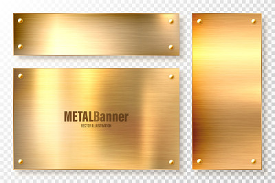 Realistic shiny metal banners set. Brushed steel p