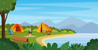 有篝火、帐篷、背包的夏令营