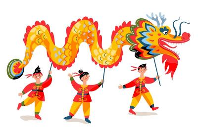 人们抱着中国新年的龙。传统亚洲节日矢量插图。男孩和女孩走在白色背景的龙纸动物庆祝节日