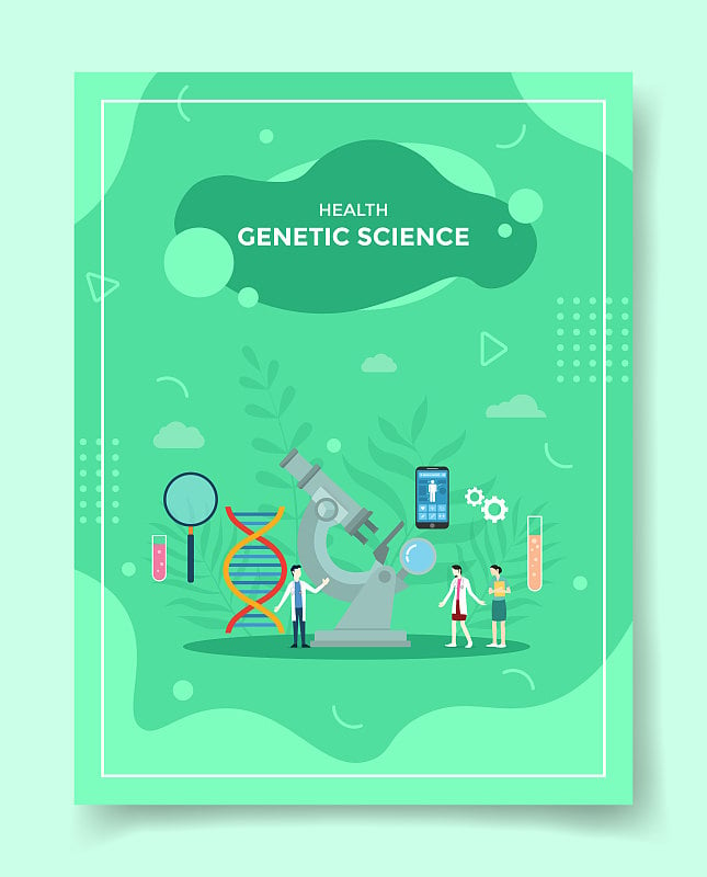 健康遗传科学人士医生科学家周围显微镜基因组放大器DNA模板横幅，传单，书籍封面，杂志与液体形状风格