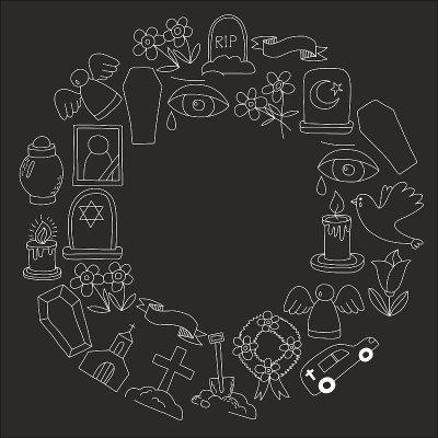 葬礼上细线图标。一套葬礼对象涂鸦向量图标RIP