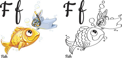 鱼。向量字母F，涂色页