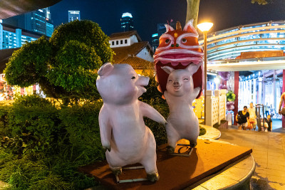 2019年1月，新加坡唐人街:位于新加坡唐人街的小猪雕像，象征着即将到来的农历新年