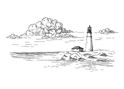 海景。灯塔。手绘插图转换为矢量。