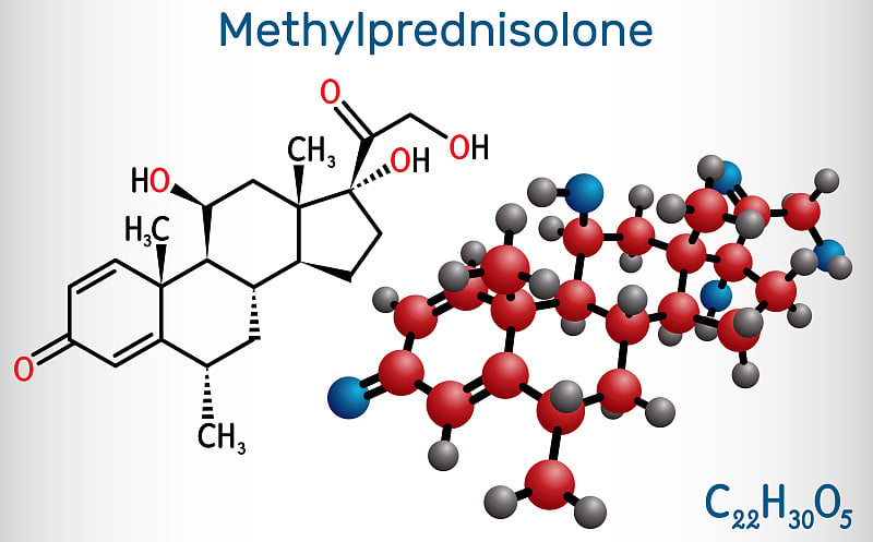 甲强龙分子。它是合成的皮质激素，强的松龙衍生物糖皮质激素。结构化学式及分子模型