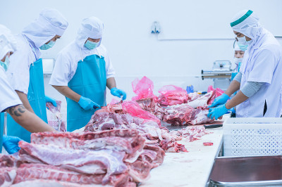 在工厂里切肉的工人