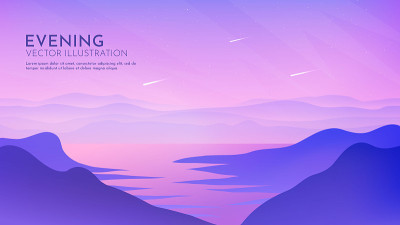 矢量插图。多边形的设计。极简主义的壁纸。平坦的背景。水附近的山坡上。山和小山靠海。渐变颜色。旅游和旅