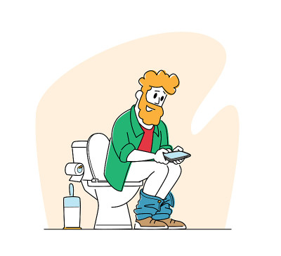 男性角色在厕所里使用智能手机。在马桶上用数码设备的男人在网上聊天