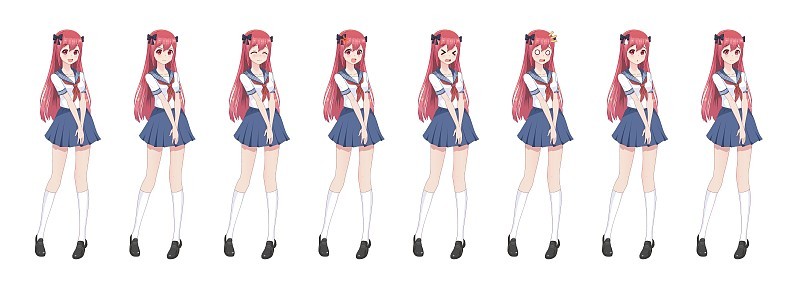 动漫女学生穿着水手服，蓝色裙子