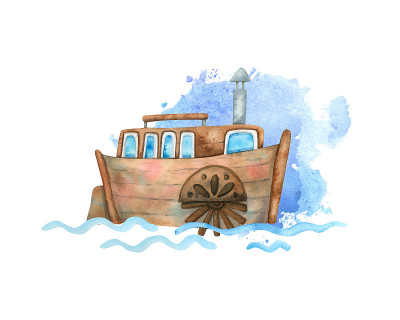 明轮船和波浪水彩海报。
