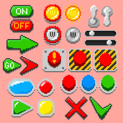 Pixel art arrows, buttons, pilot lights, pointers,