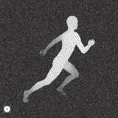 跑步的人。3D模型的人。黑白颗粒图案。点彩的效果。矢量插图。
