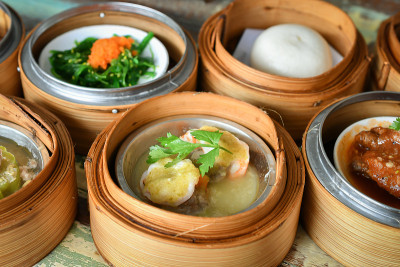 美味茶，竹蒸点心，中国菜