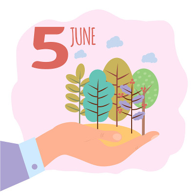 世界环境日。6月5日。地球污染，全球变暖，温室气体排放。五彩缤纷的矢量插图。